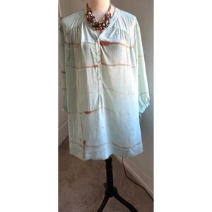 Poetry New Mint Green Silk Abstract Lagenlook Long Sleeve Tunic Shirt Sz 18